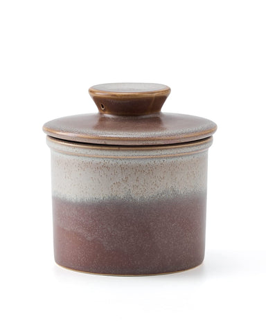 Xela Butter Crock with original reactive glaze on countertop showing two colors.