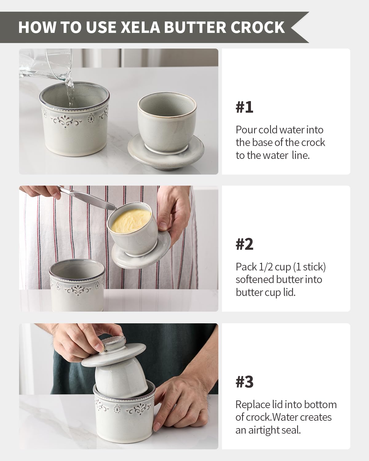 Xela butter crock on the counter enhances kitchen style and convenience.