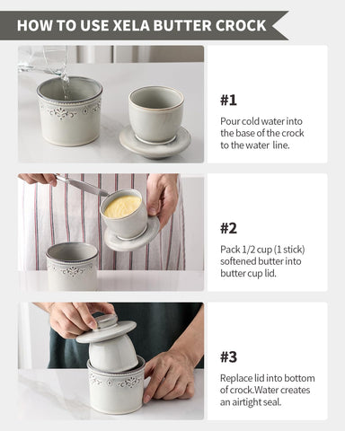 Xela butter crock on the counter enhances kitchen style and convenience.