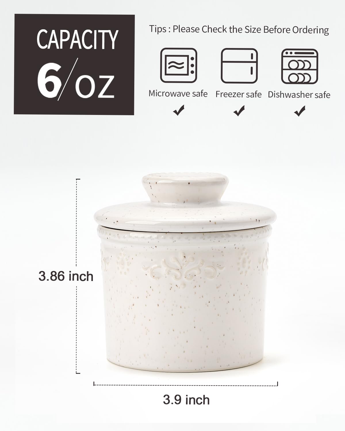 Xela ceramic butter crock in speckled white enhances counter decor while keeping butter fresh