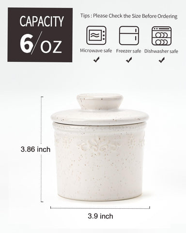Xela ceramic butter crock in speckled white enhances counter decor while keeping butter fresh