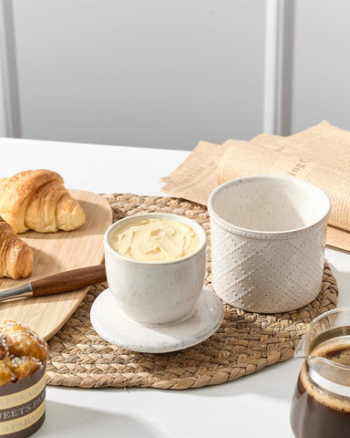 Xela porcelain butter dish close-up highlights durable lead-free design