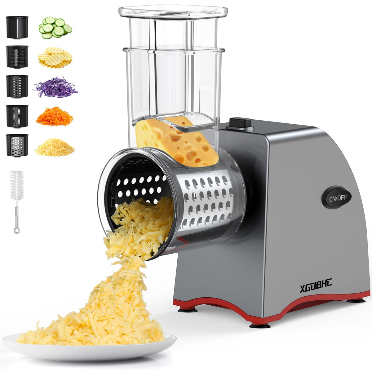 XGOBHC electric cheese grater with five blades, front view for quick prep.