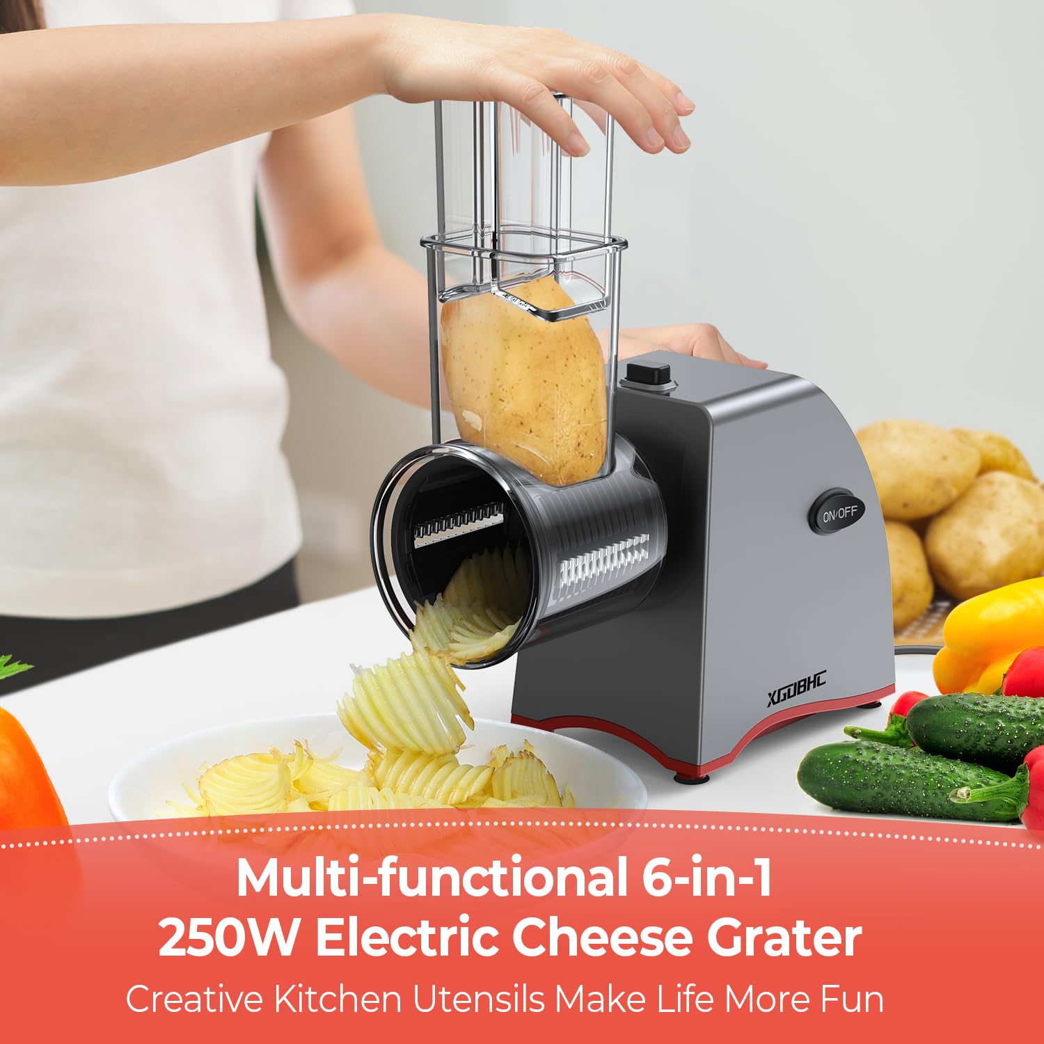 XGOBHC electric cheese grater with 6 blades demonstrates versatile slicing options.