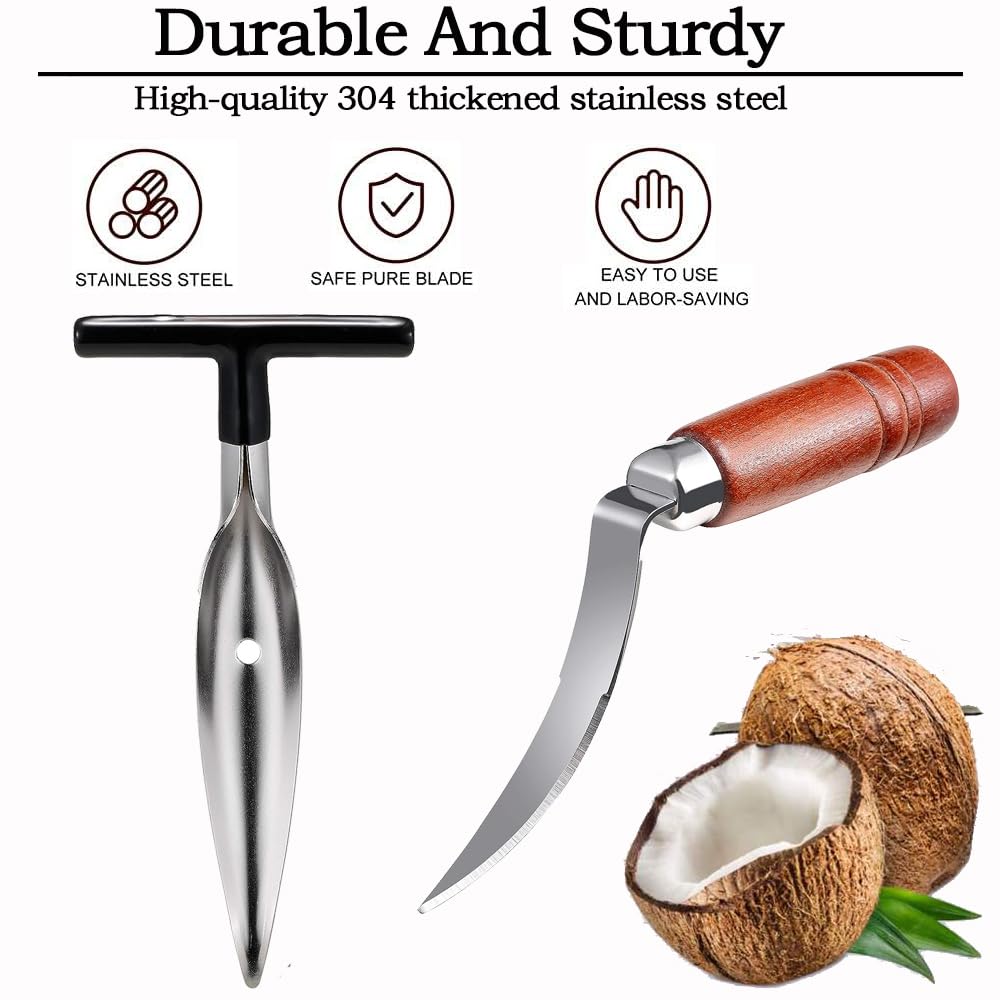 XHGAYL coconut opener tool showing non-slip wooden handle for safe, comfortable use