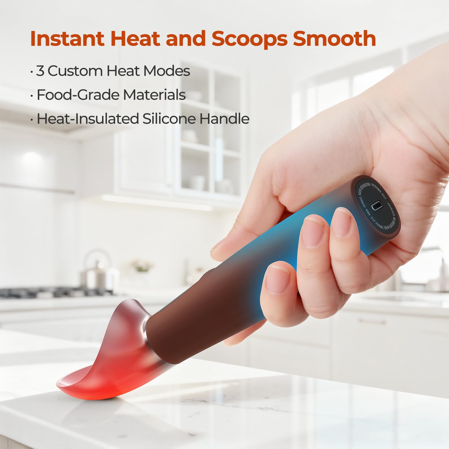 XIAOJINYU scoop head close-up shows heat-enabled release for hard ice cream.