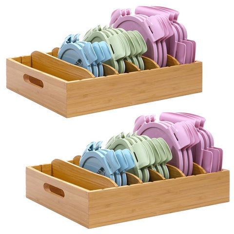 XiaoyuziTF bamboo lid holder two-pack, top view, neatly organized cabinet lids.