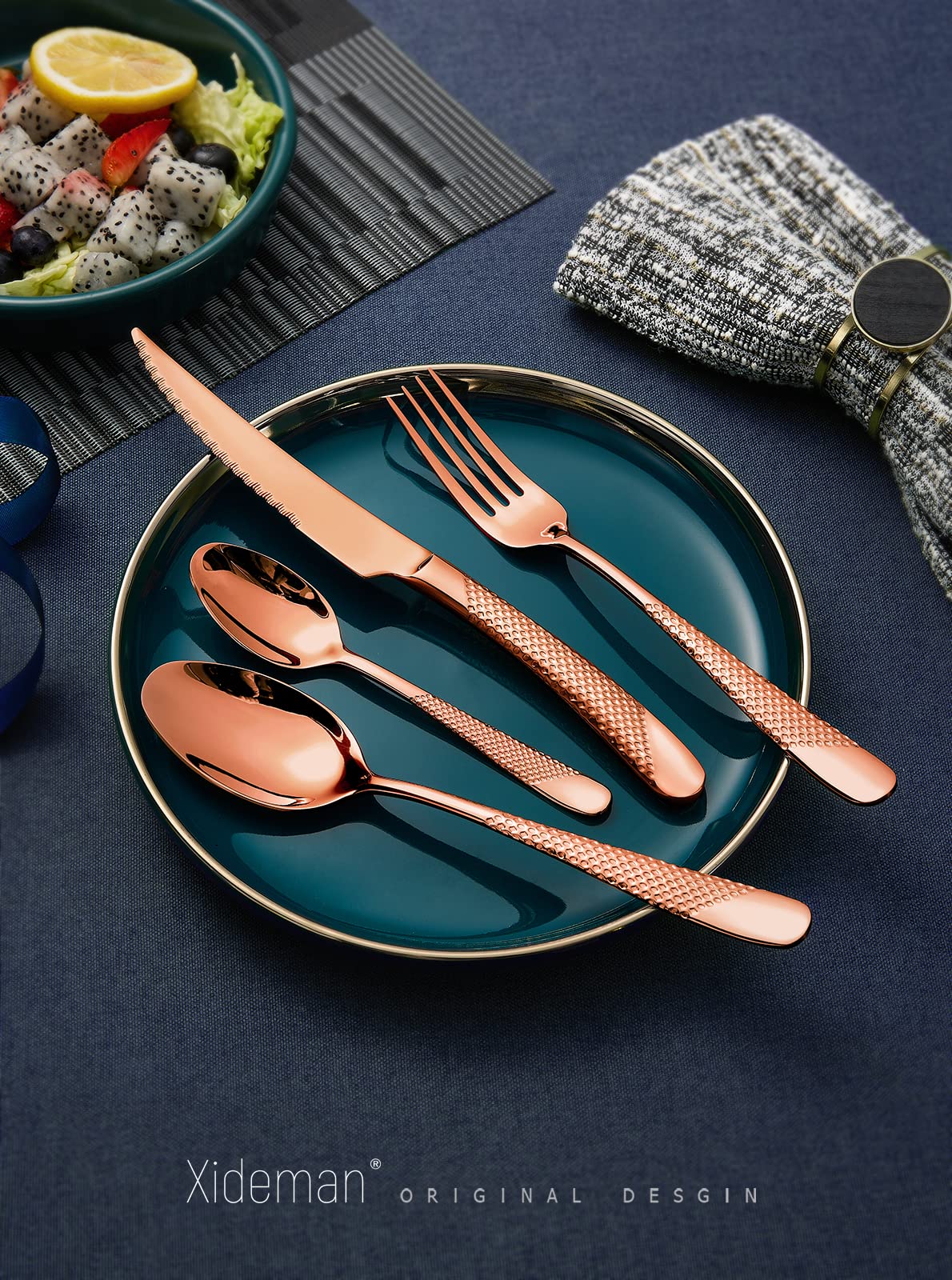 Xideman copper hammered look closeup highlights unique finish for upscale dining.