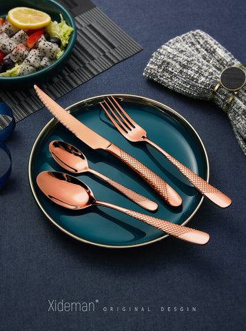 Xideman copper hammered look closeup highlights unique finish for upscale dining.
