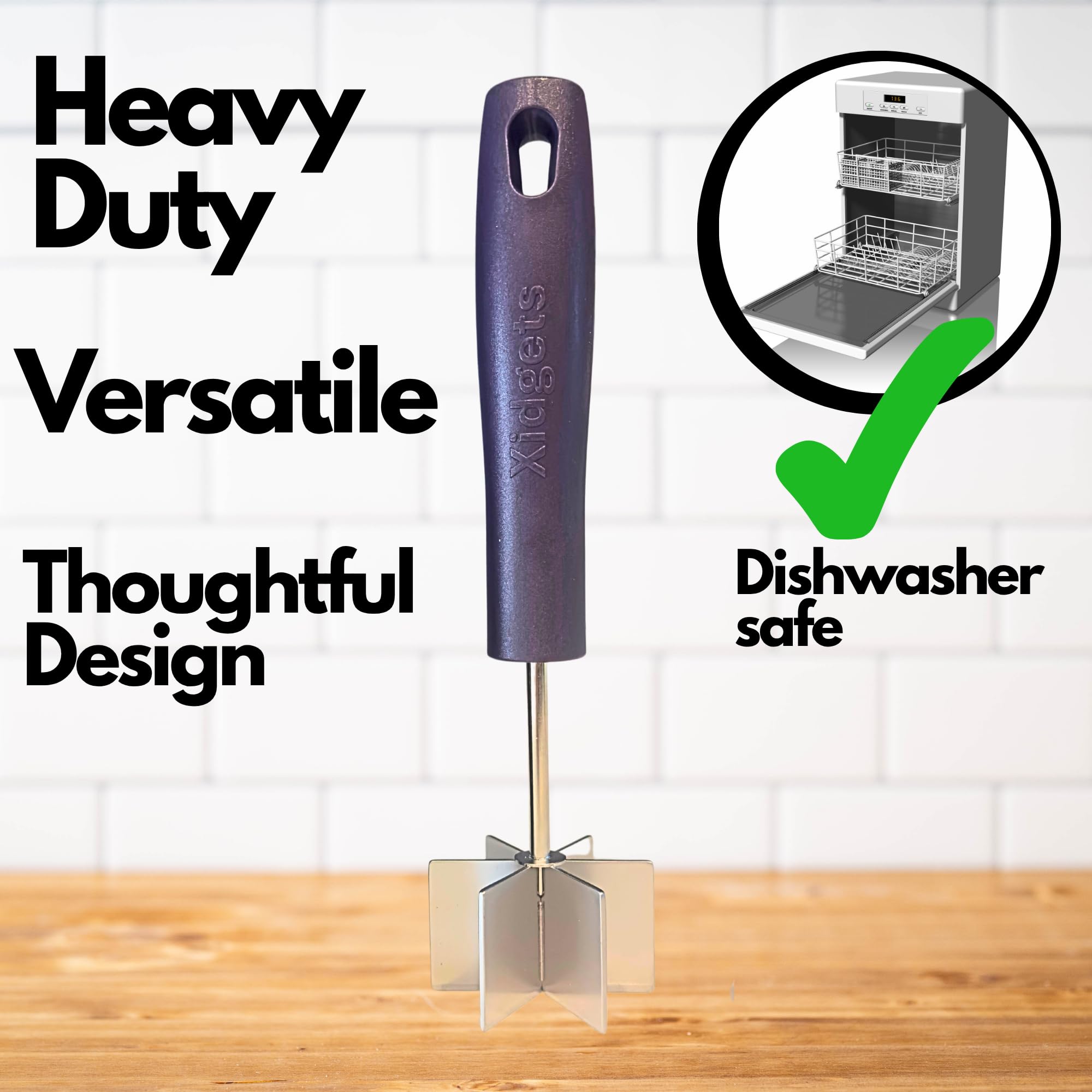 Xidgets ergonomic solid handle masher offers comfortable control.