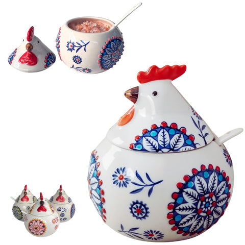 XIEFFICH blue rooster salt cellar with lid for stylish countertop storage
