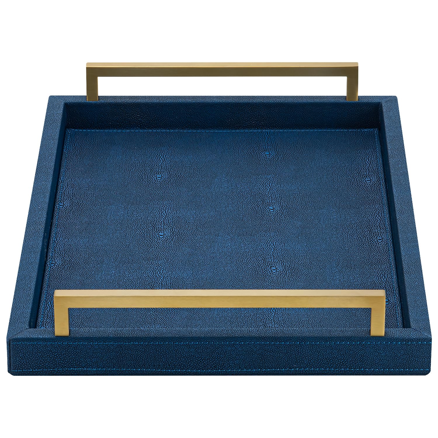 XIGEXIGE navy blue decorative serving tray with brushed gold handles for elegant entertaining