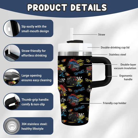 xiiai Monster Truck tumbler lid close-up with spill-resistant cap