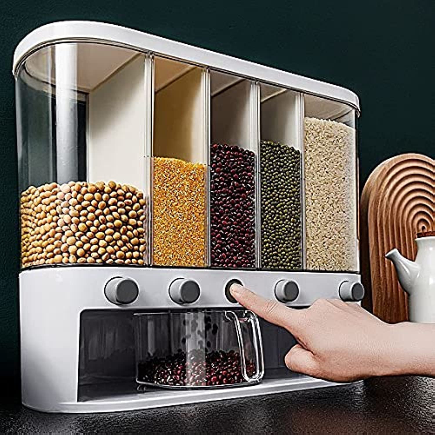Xilei dry food dispenser with five-grid wall mount keeps grains organized and accessible.