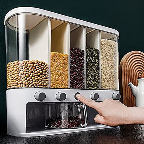 Xilei dry food dispenser with five-grid wall mount keeps grains organized and accessible.