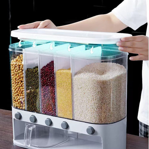 Xilei press-to-pour design minimizes air exposure to keep grains fresh.