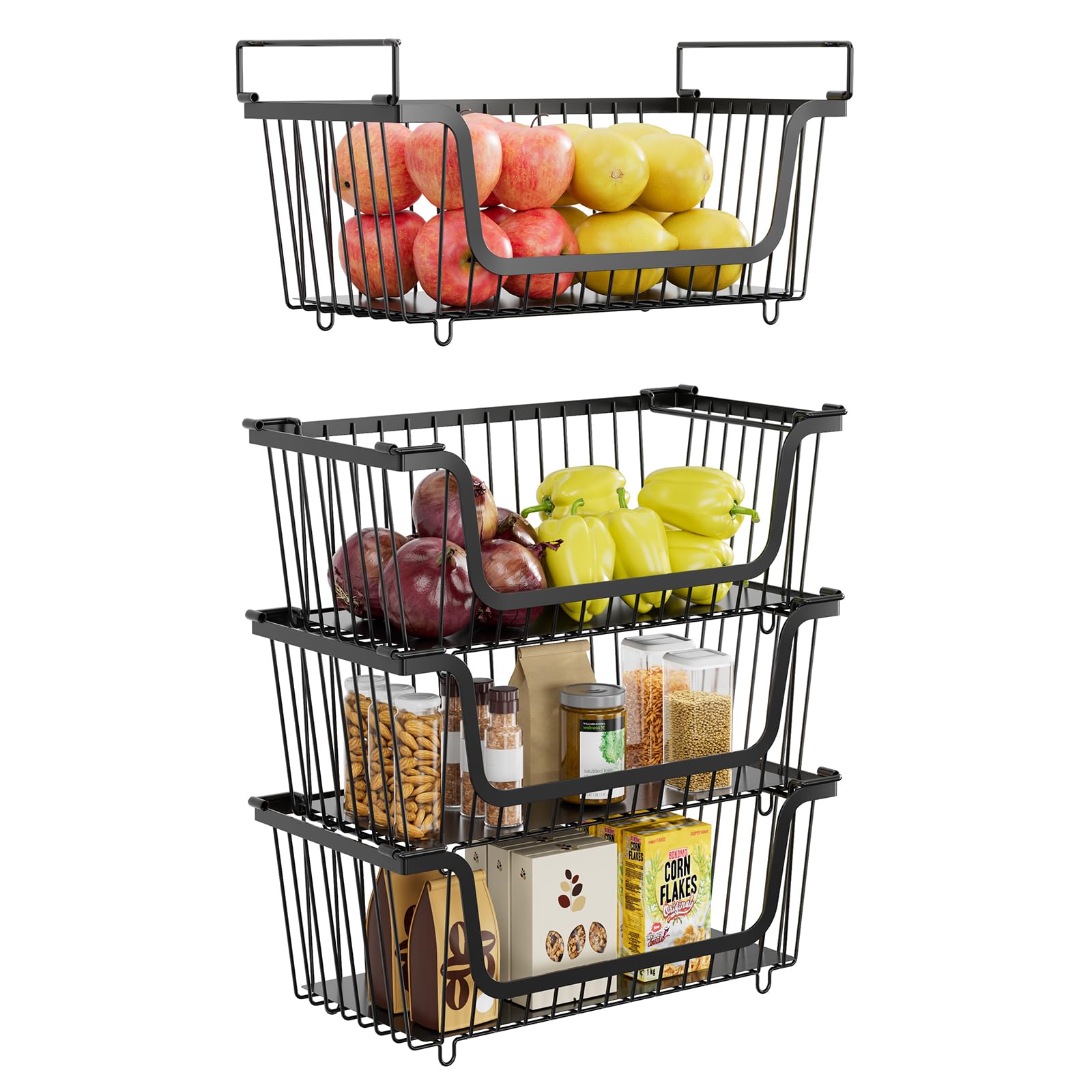 XILIDIA stackable baskets on countertop maximize space and easy access to snacks