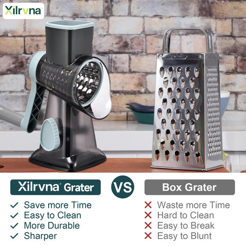 Xilrvna rotary cheese grater 3-blade set enables slicing, shredding, and grinding