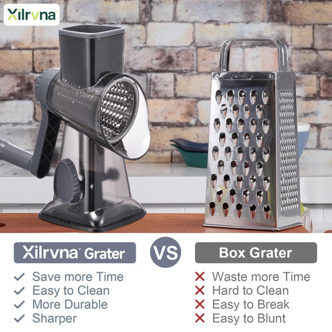 Xilrvna rotary grater with 3 blades enables shredding, slicing, and grinding.