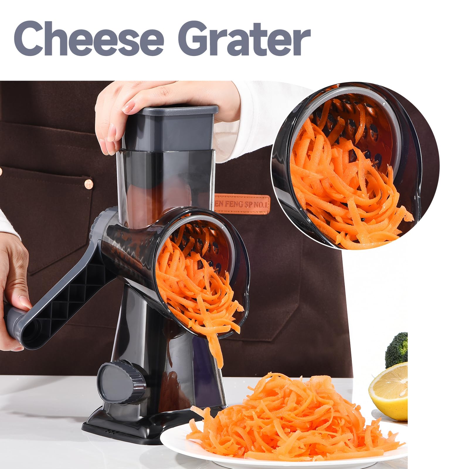 Xilrvna rotary grater easy-clean design rinses quickly under water.