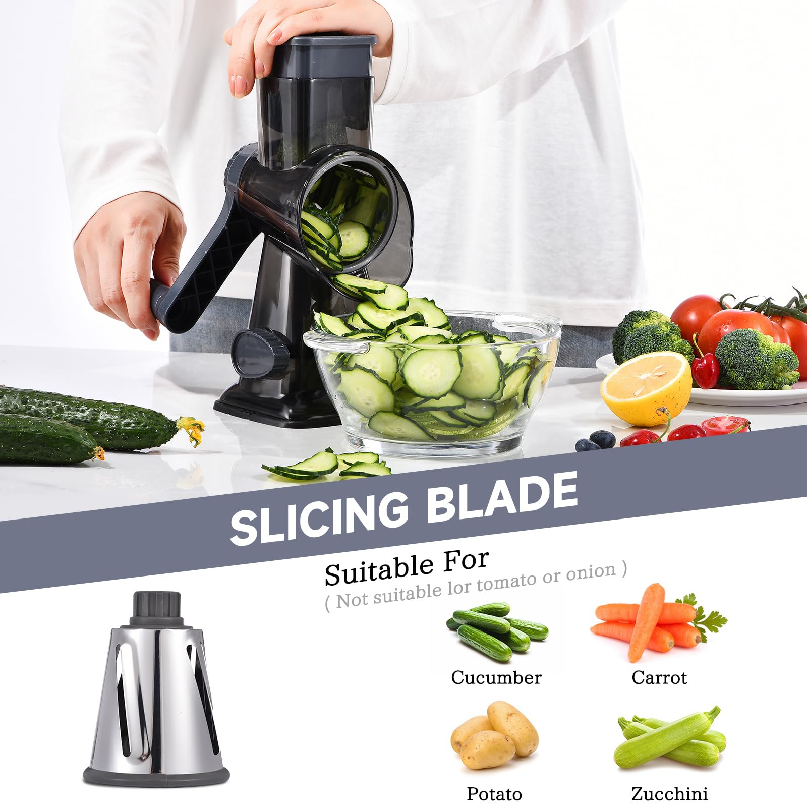 Xilrvna rotary grater feeding port helps load ingredients safely.