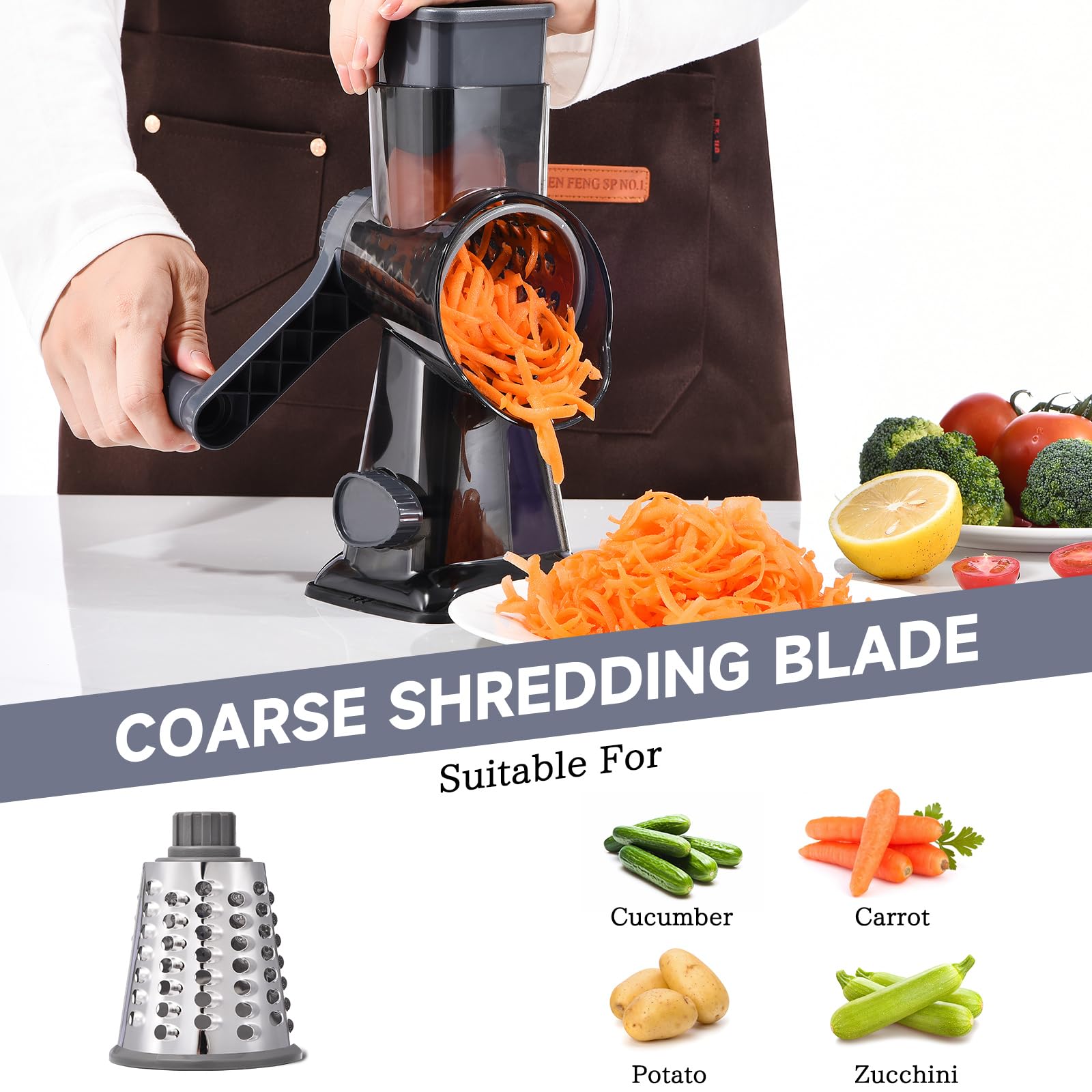 Xilrvna rotary grater suction feet keep it stable on the counter.