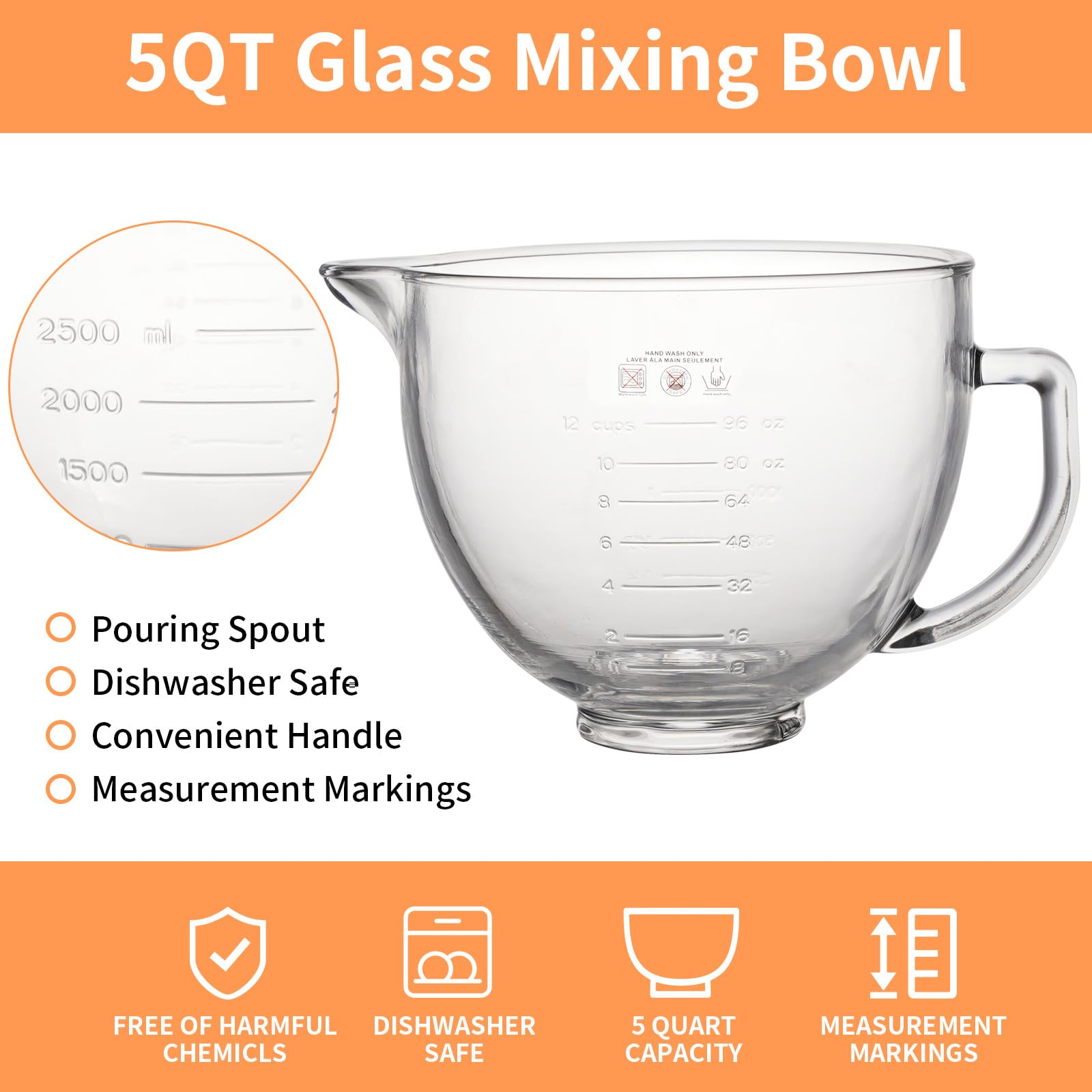 XINBOOGQ 5QT glass bowl shows imperial and metric marks for accurate dosing.
