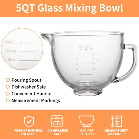 XINBOOGQ 5QT glass bowl shows imperial and metric marks for accurate dosing.