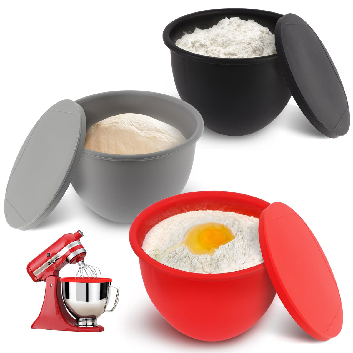 XINBOOGQ 5QT silicone bowls with lids for easy storage and mess-free prep.
