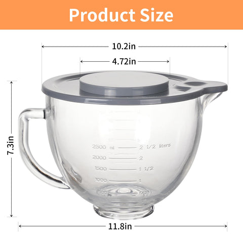 XINBOOGQ compatible glass bowl for KitchenAid tilt-head mixers with precise measurements.