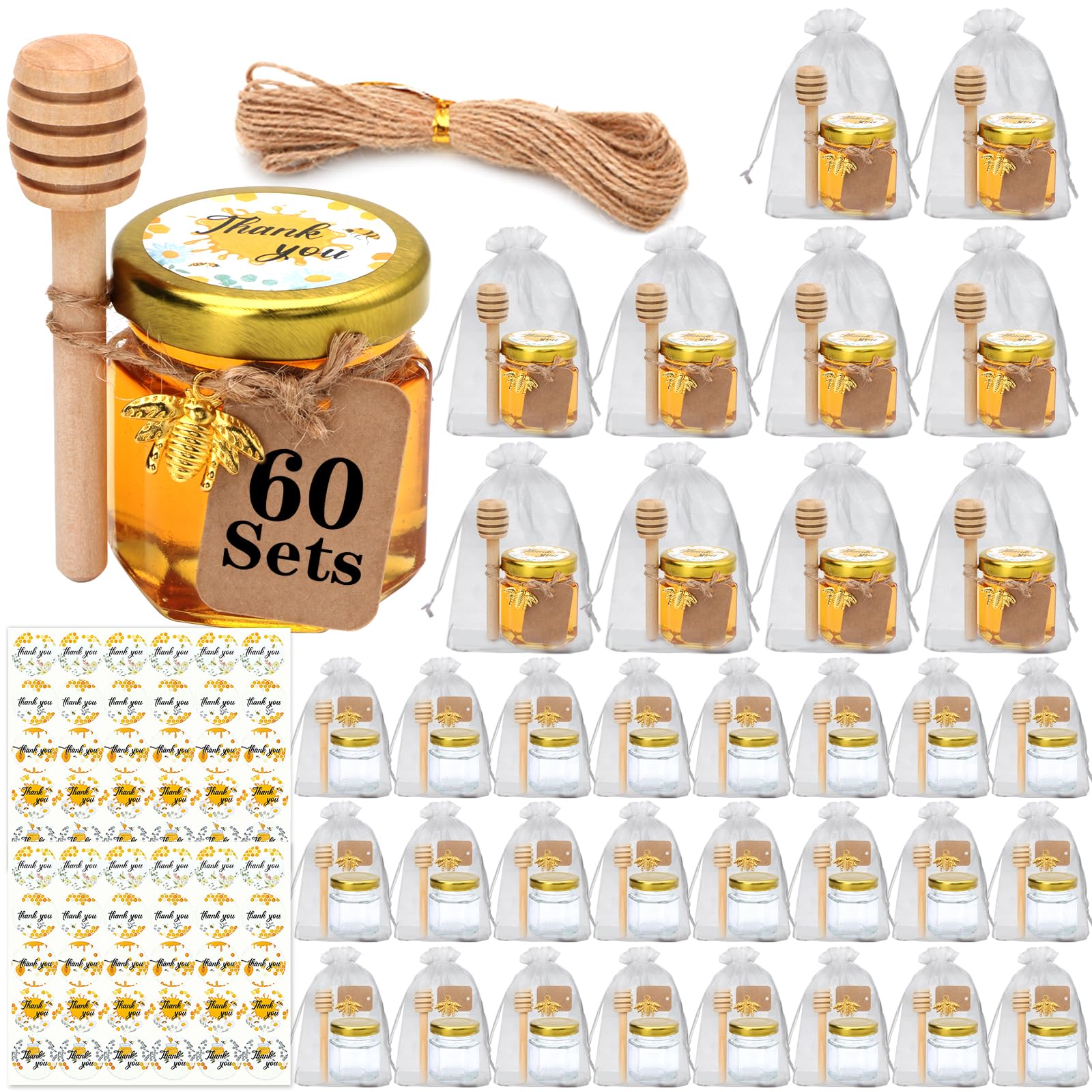XING-RUIYANG 60-pack hexagonal mini honey jars for elegant wedding and baby shower favors.