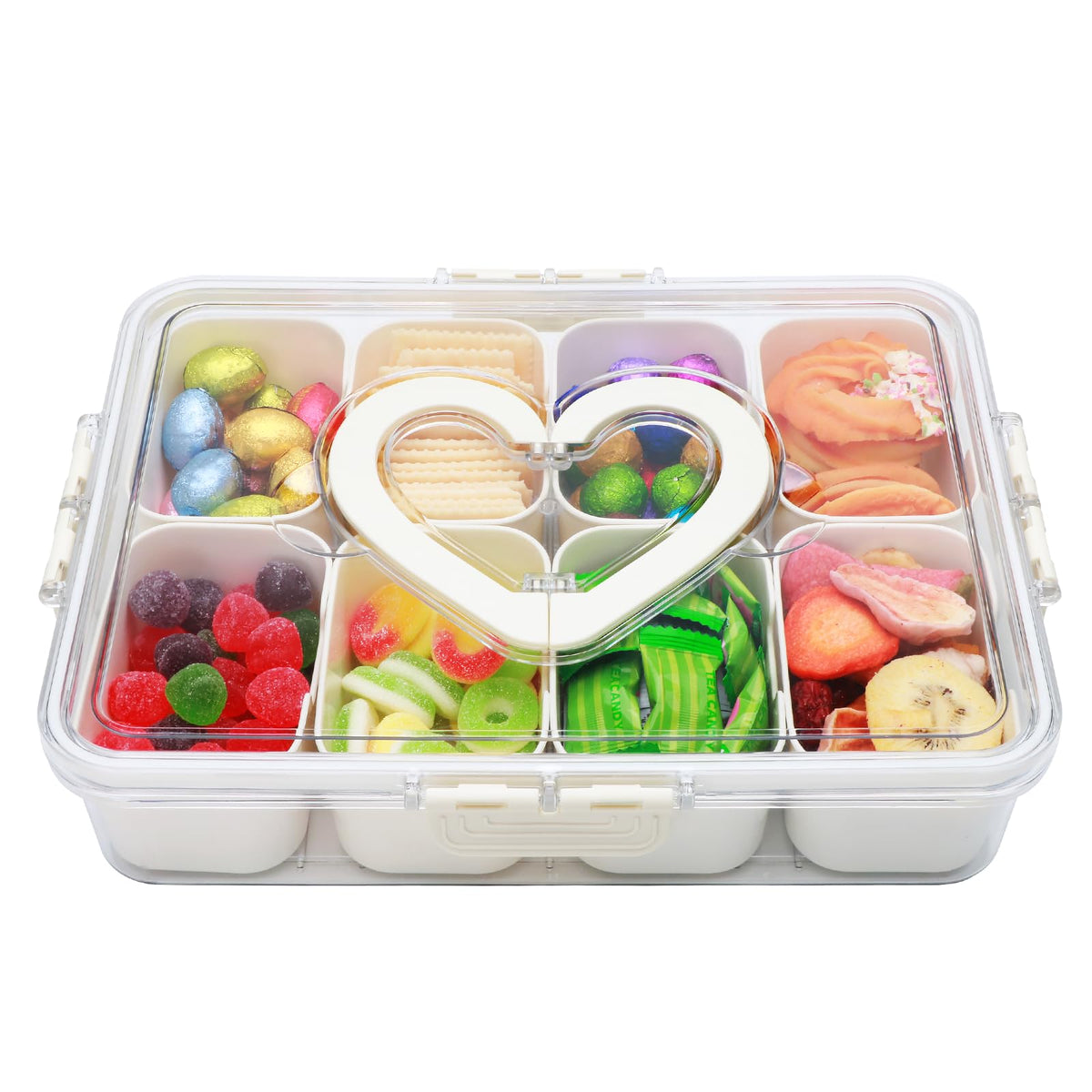 XING-RUIYANG divided serving tray with lid and handle showing eight organized snack compartments.