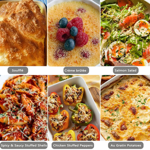 XINLTC stackable baking dishes save space in cabinets and in the freezer.