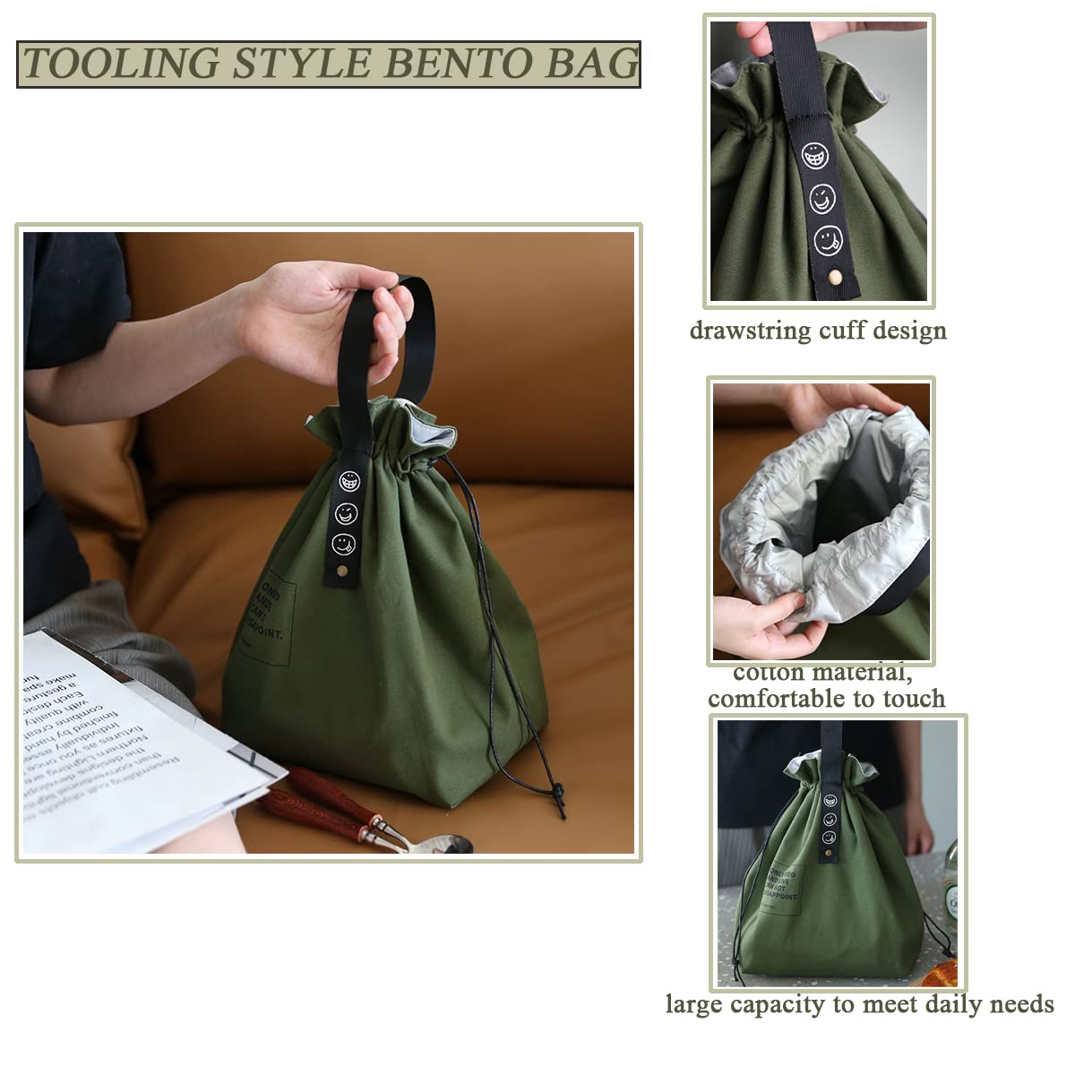 XINSHUN canvas lunch bag features large capacity for meals, snacks, and small accessories.