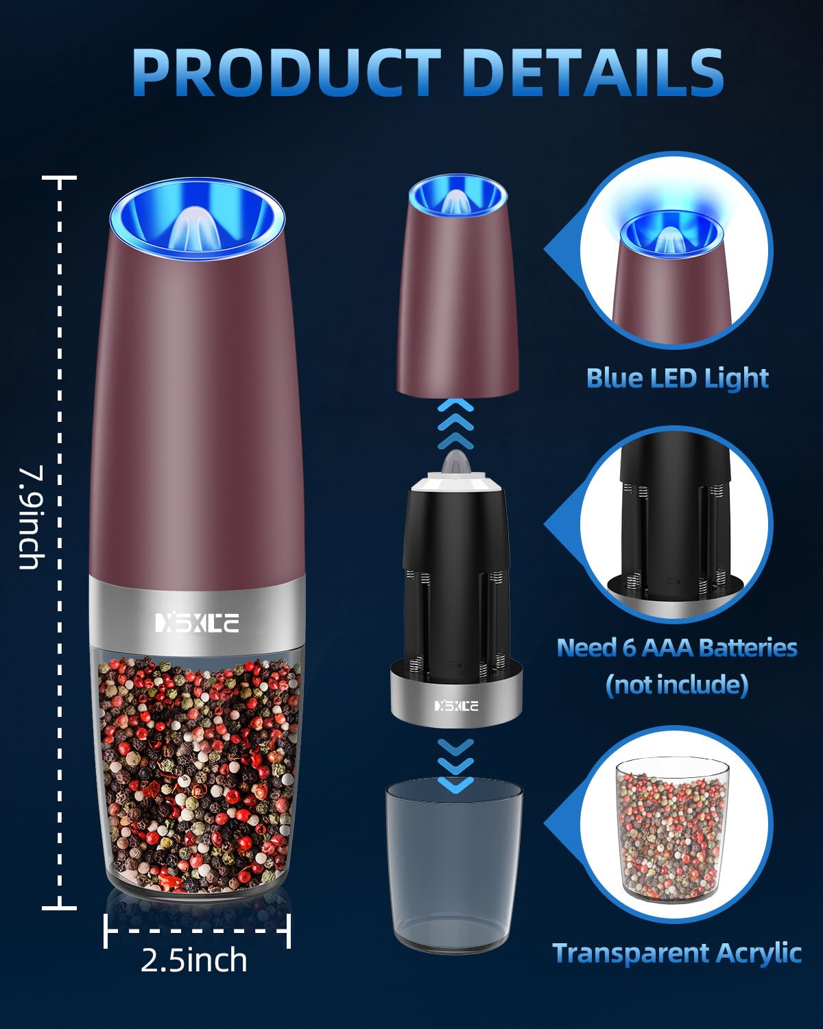 XinXu battery-powered grinder works anywhere, ideal for kitchens, picnics, and outdoor meals.