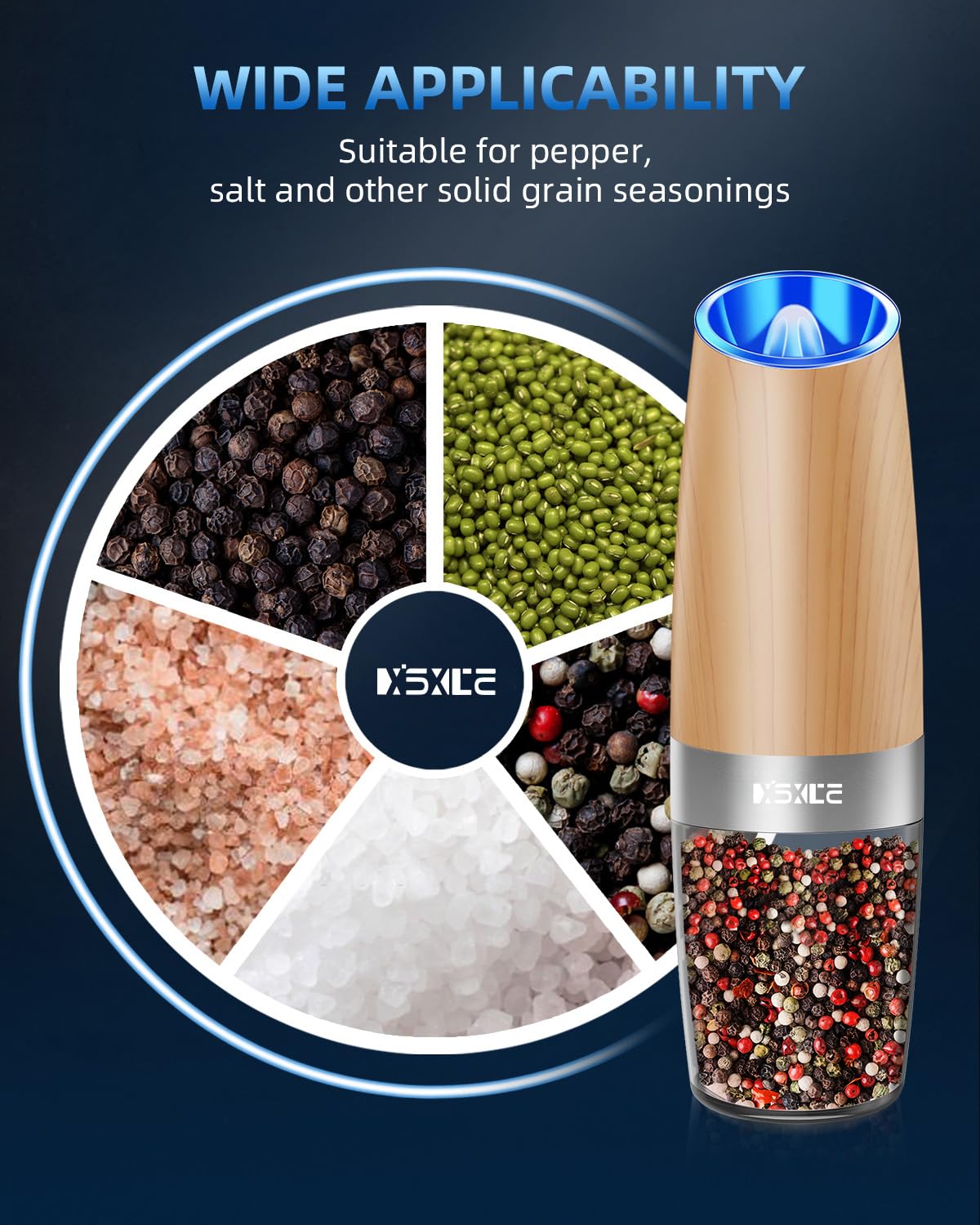 XinXu pepper grinder illuminated by blue LED for easy visibility.