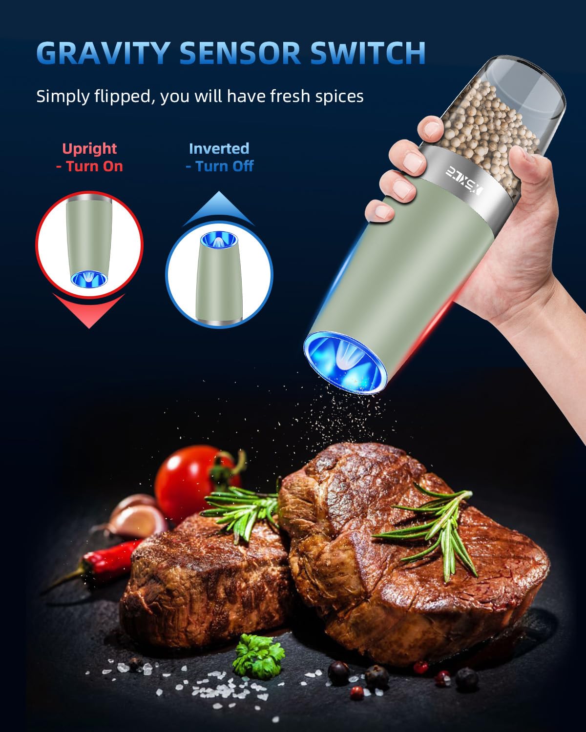 XinXu gravity grinder with blue LED light helps monitor seasoning while cooking.