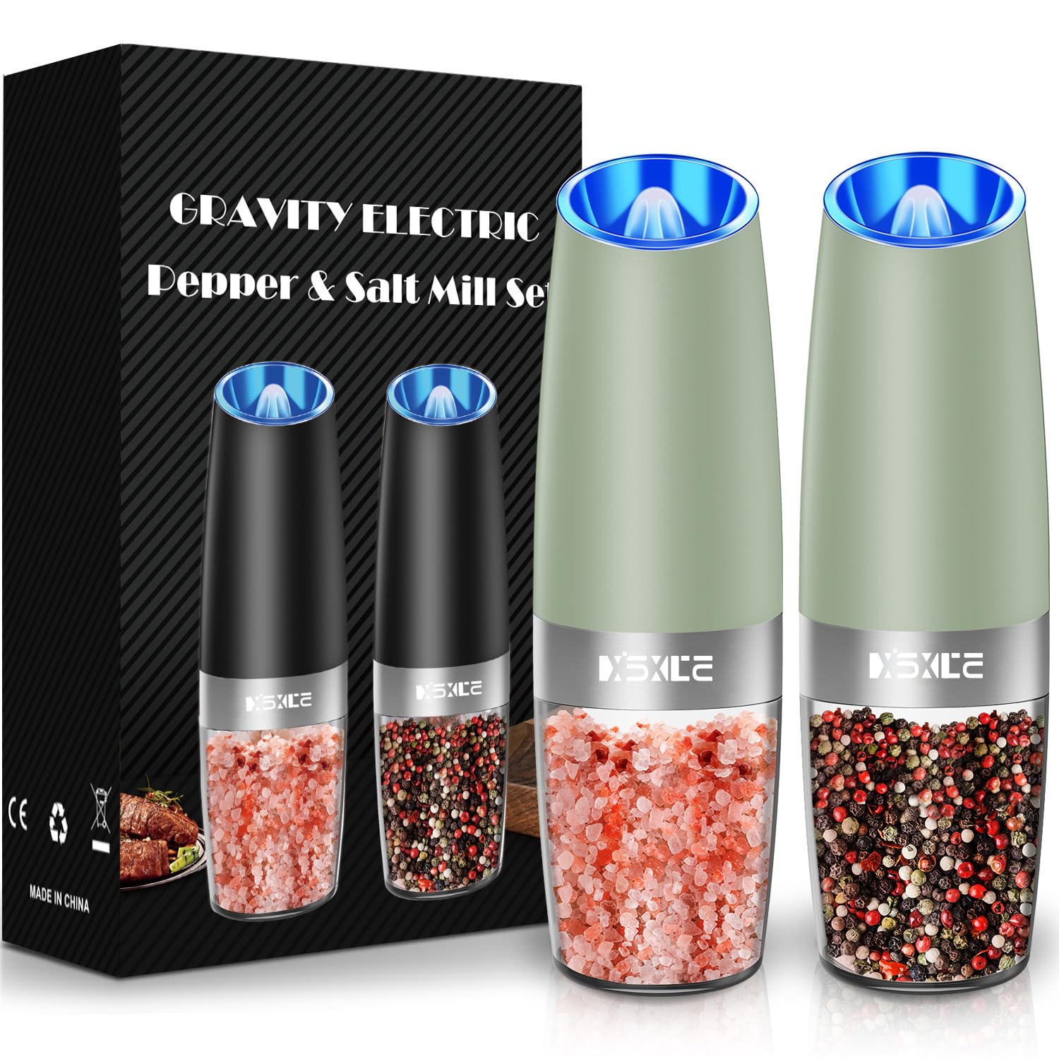 XinXu gravity auto salt and pepper grinder set, sleek stainless steel for table dining.