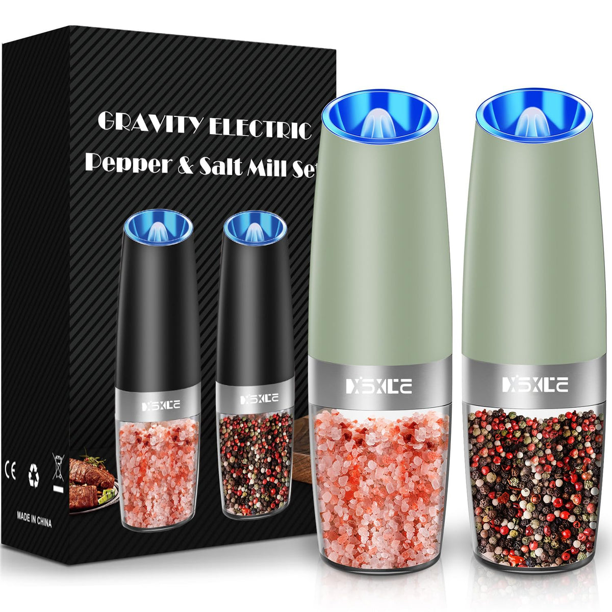XinXu gravity auto salt and pepper grinder set, sleek stainless steel for table dining.