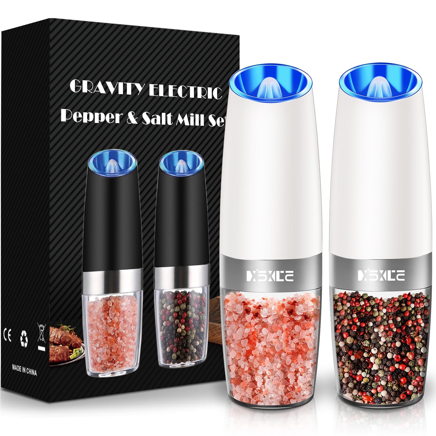 XinXu Gravity Electric Grinder base clear shows remaining spices for easy refill planning.