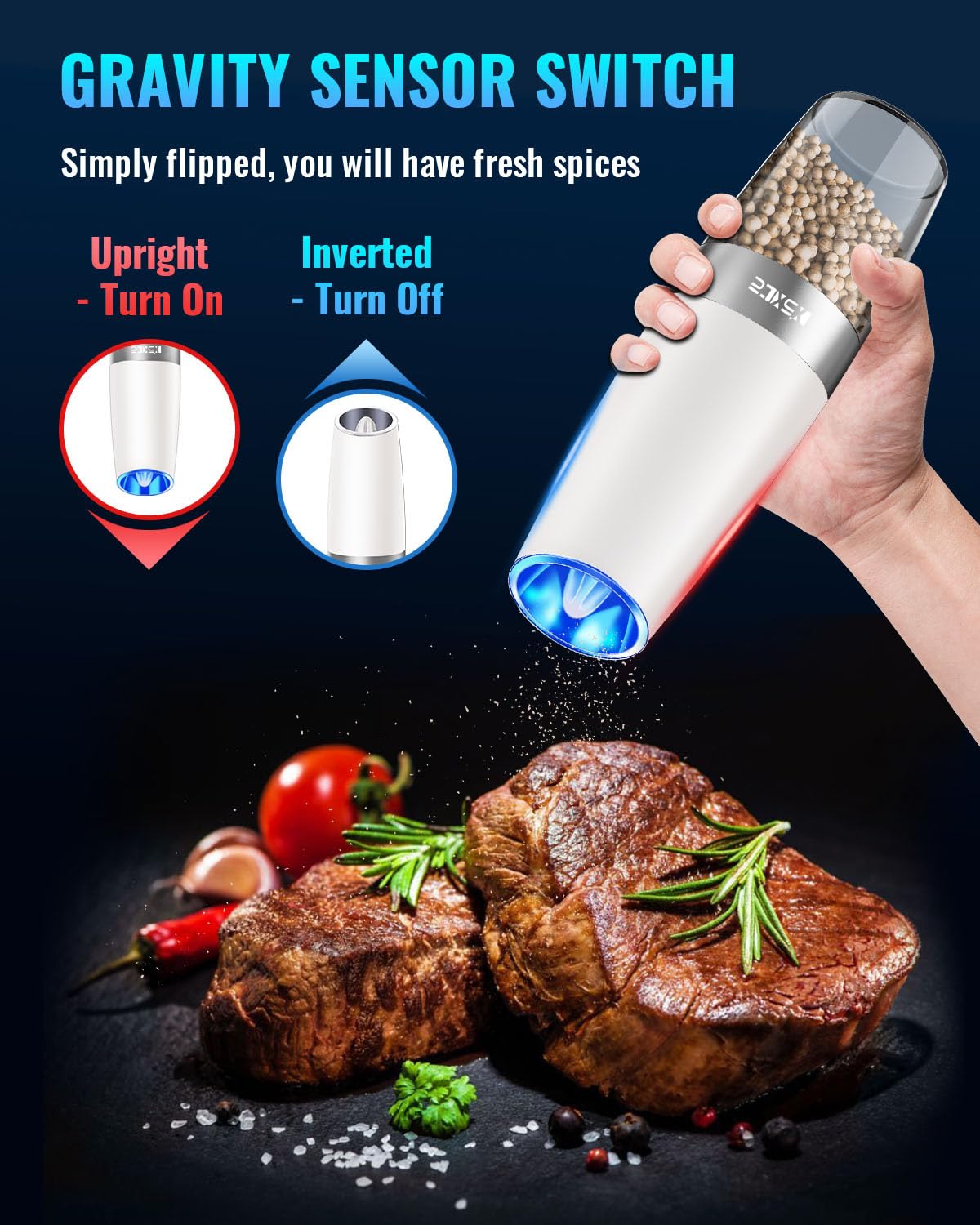 XinXu Gravity Electric Grinder with LED light on for precise seasoning in dim kitchens.