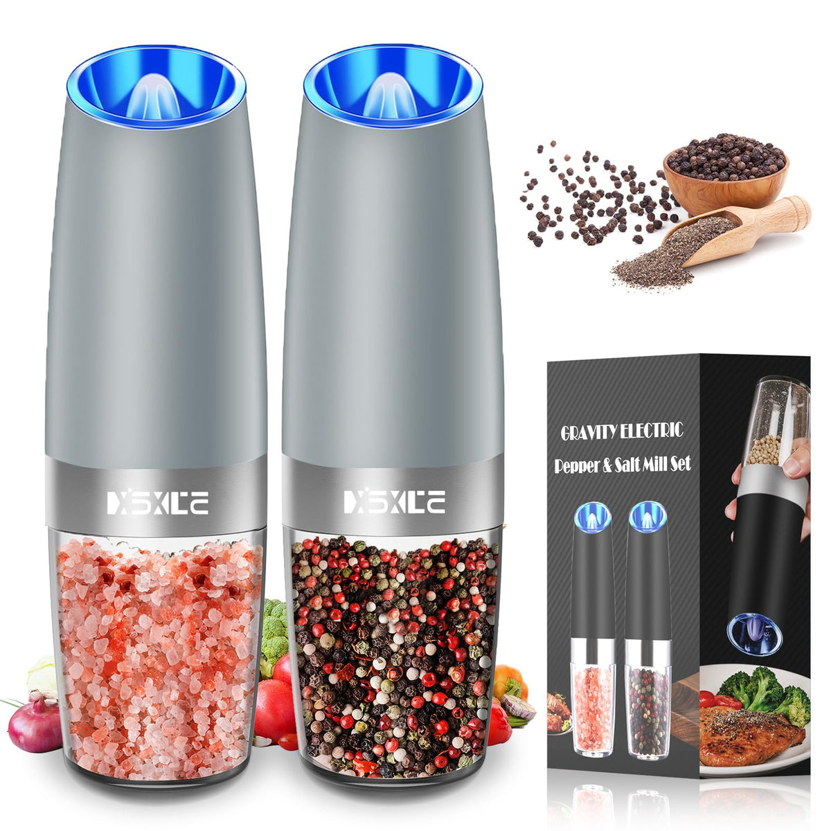 XinXu Gravity electric grinder with blue LED light for precise seasoning.