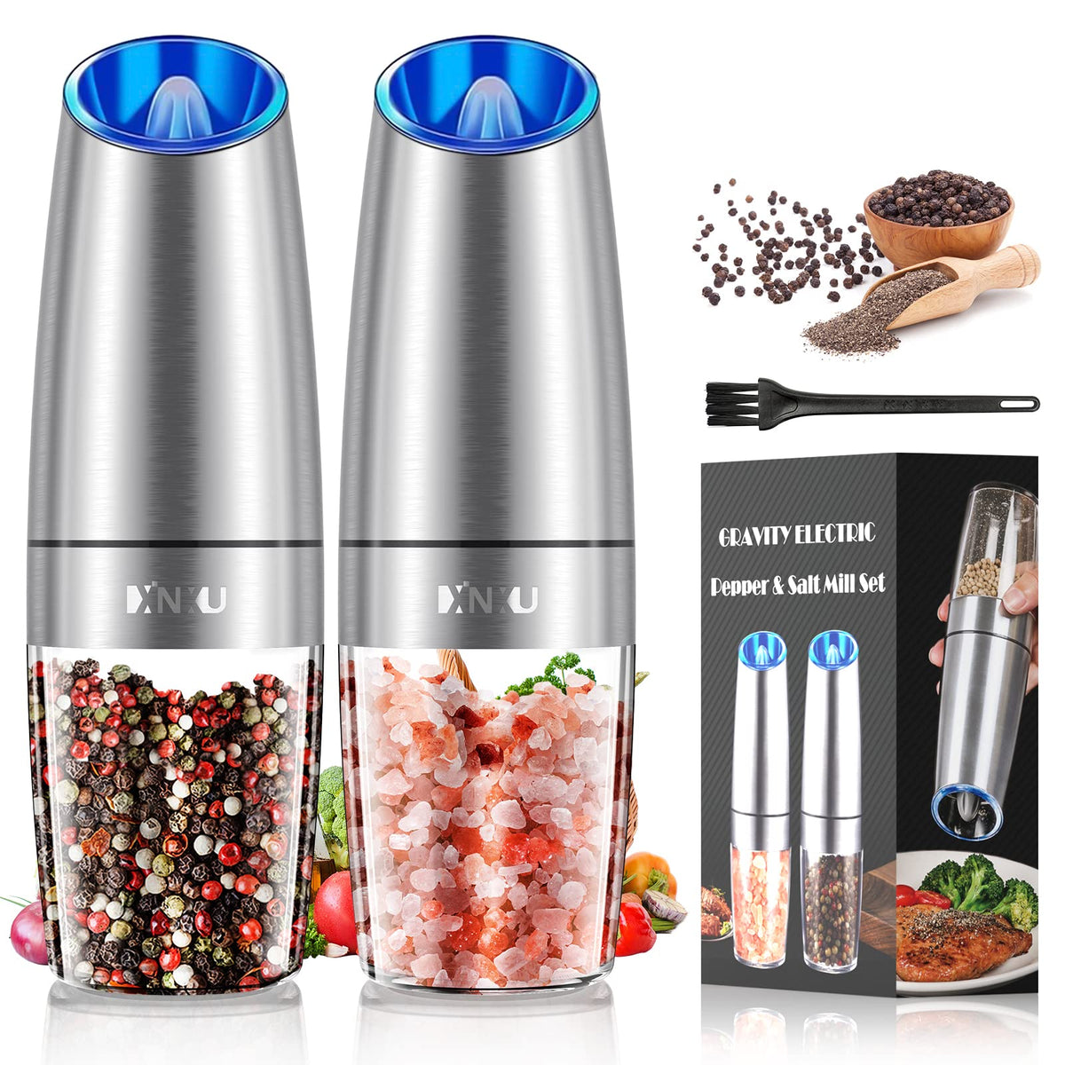 XinXu gravity electric pepper-salt grinder set on a dining table for effortless seasoning