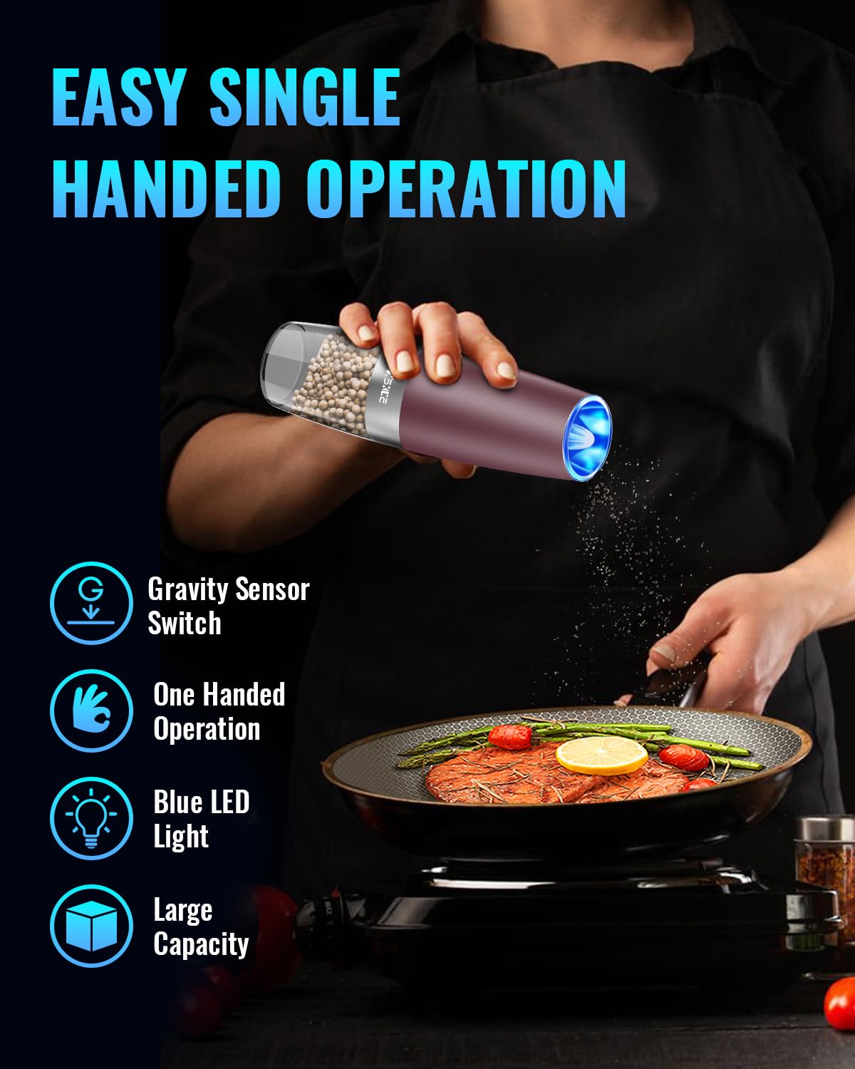 XinXu LED light feature illuminates the grind for precise seasoning in any lighting.