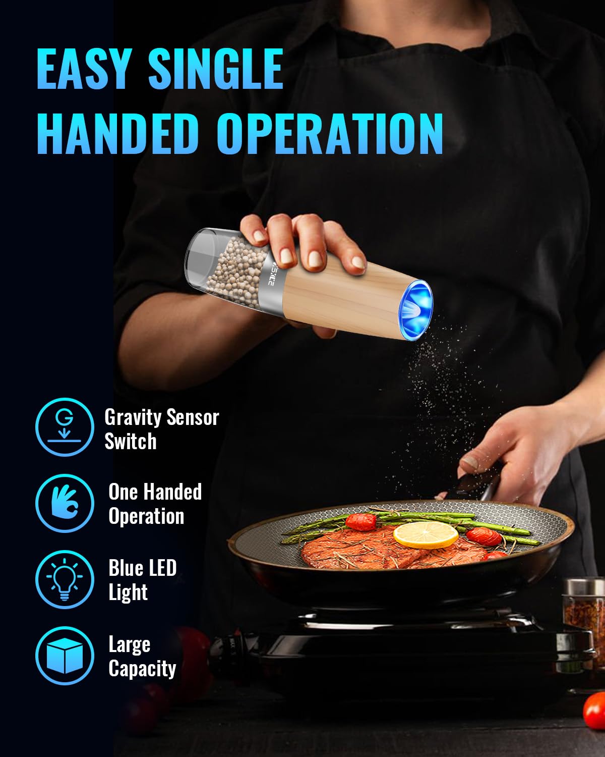 XinXu salt and pepper mill with hands-free automatic operation.