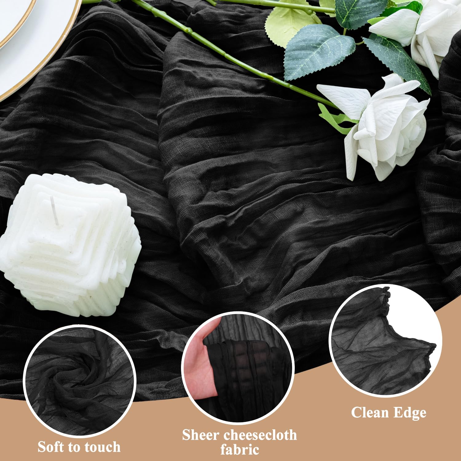 Xiomot 10ft table runner in black gauze adds rustic charm