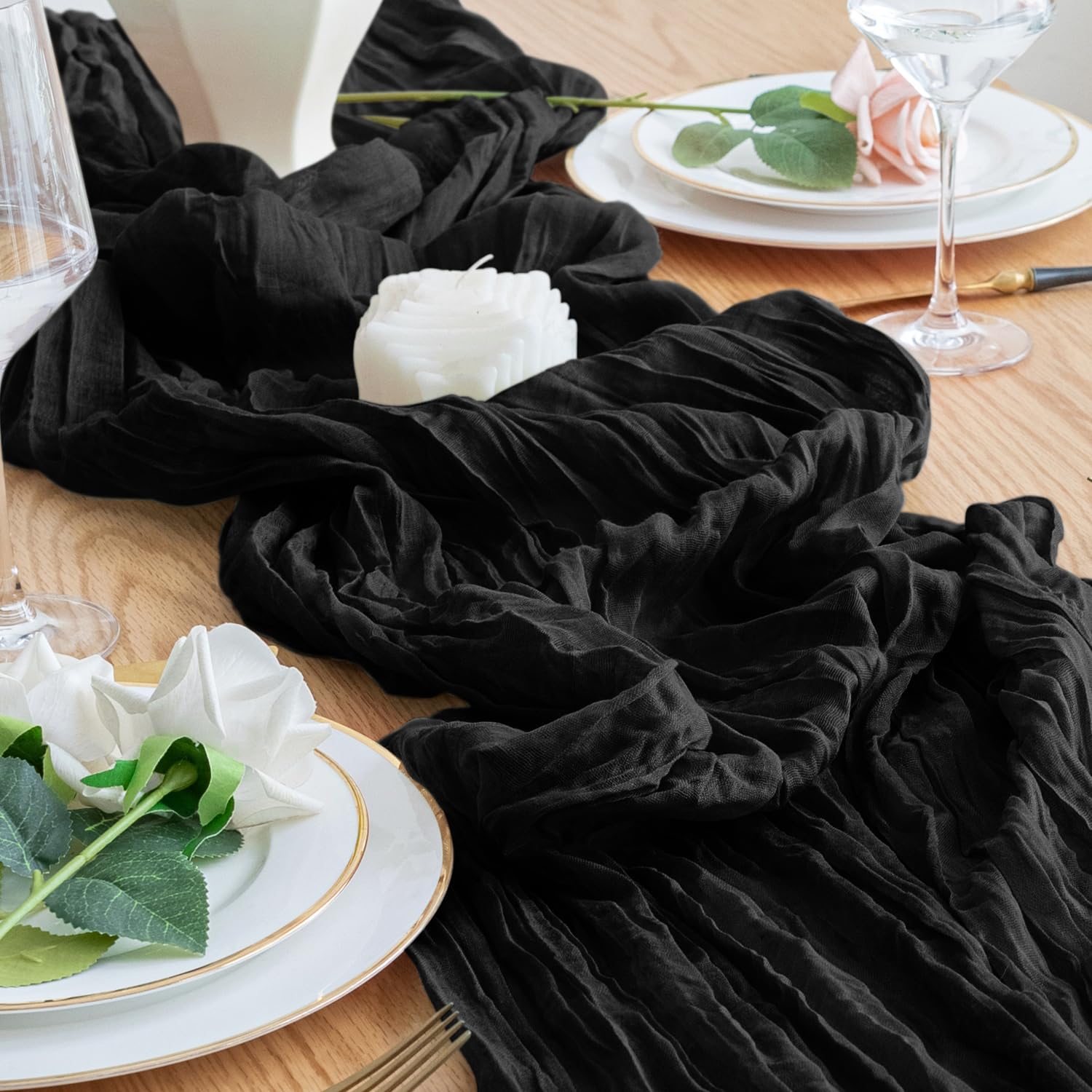 Xiomot boho sheer table runner in black for elegant tables