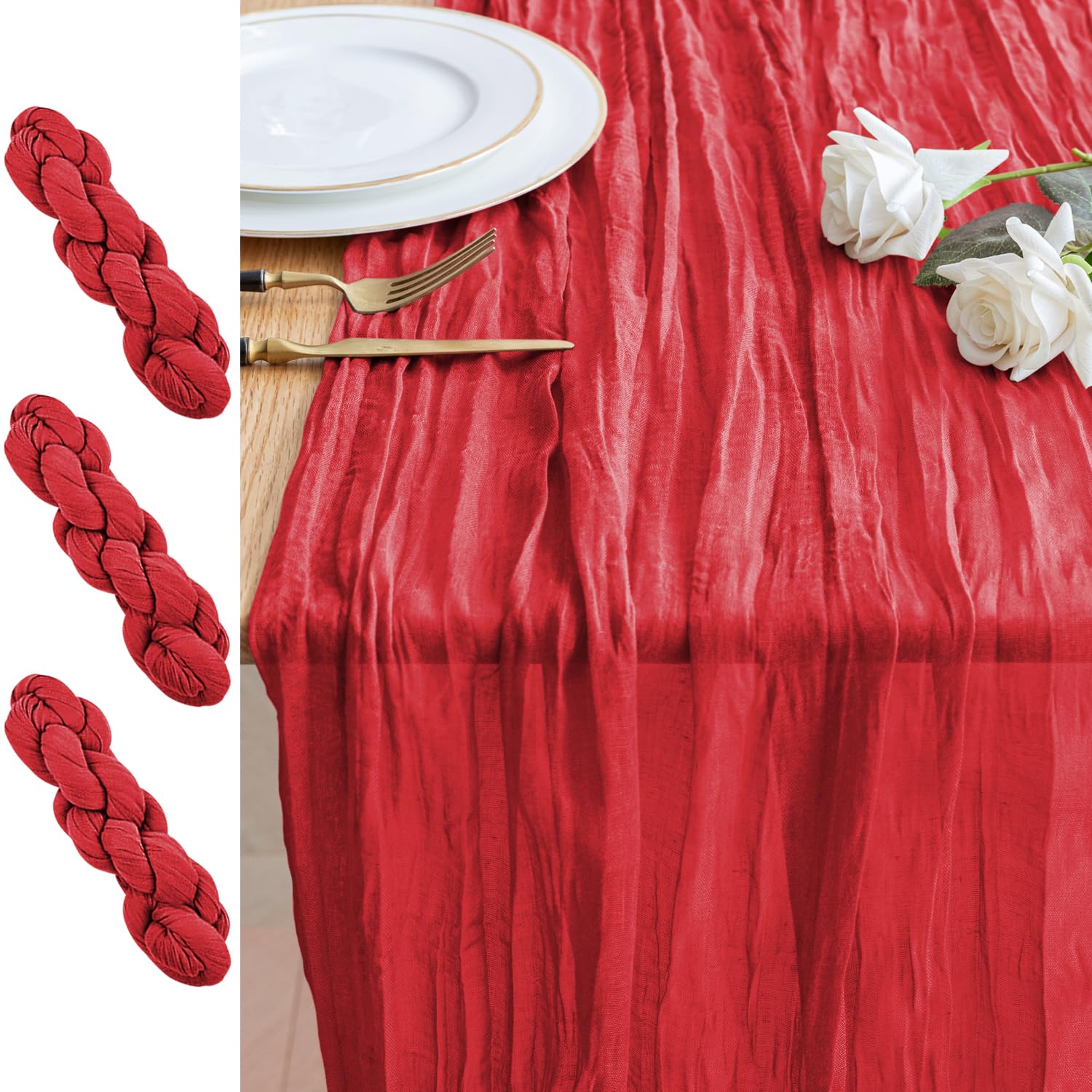 Xiomot red boho cheesecloth table runner drape on a large table, enhancing rustic decor