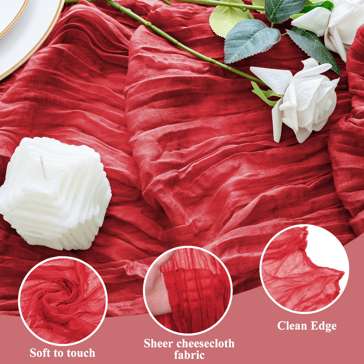 Xiomot red boho cheesecloth runner on wedding table with floral centerpiece
