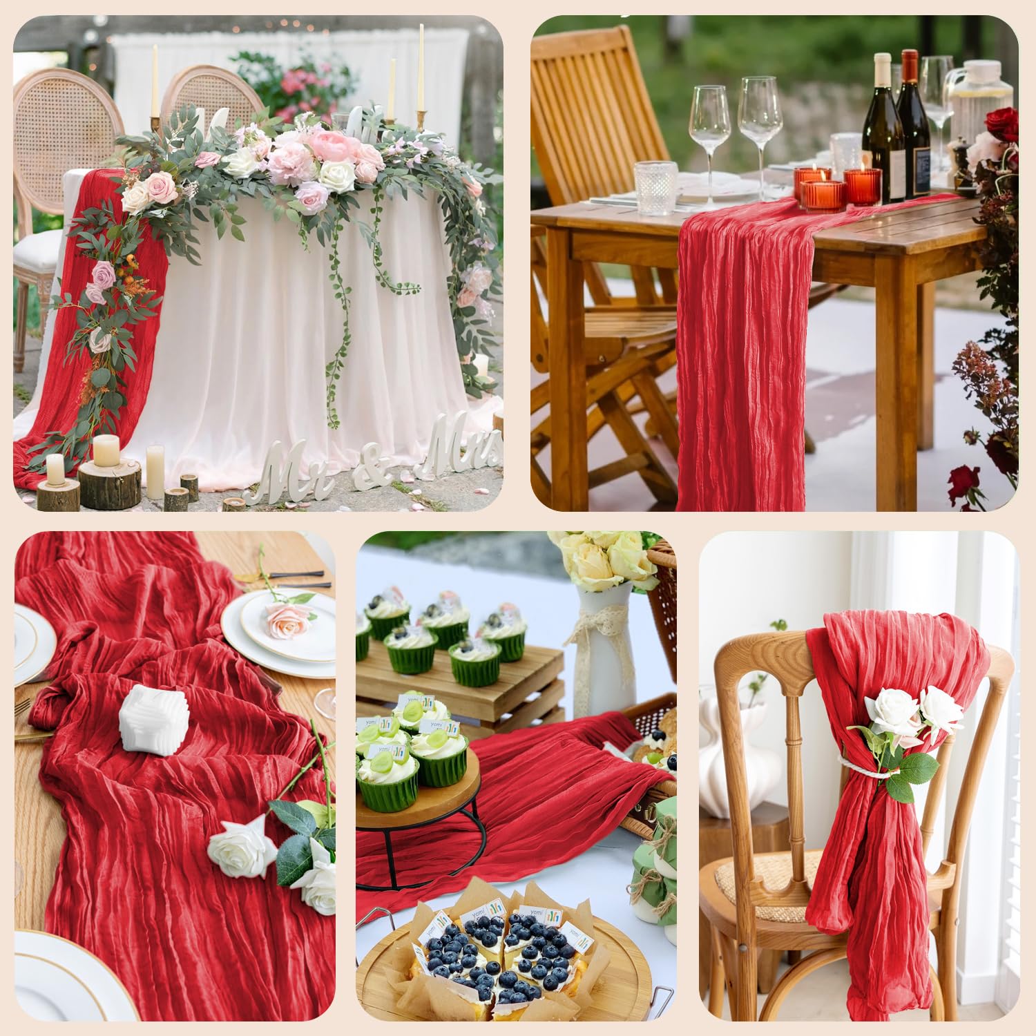 Xiomot red cheesecloth runner highlighting wrinkled texture for rustic charm